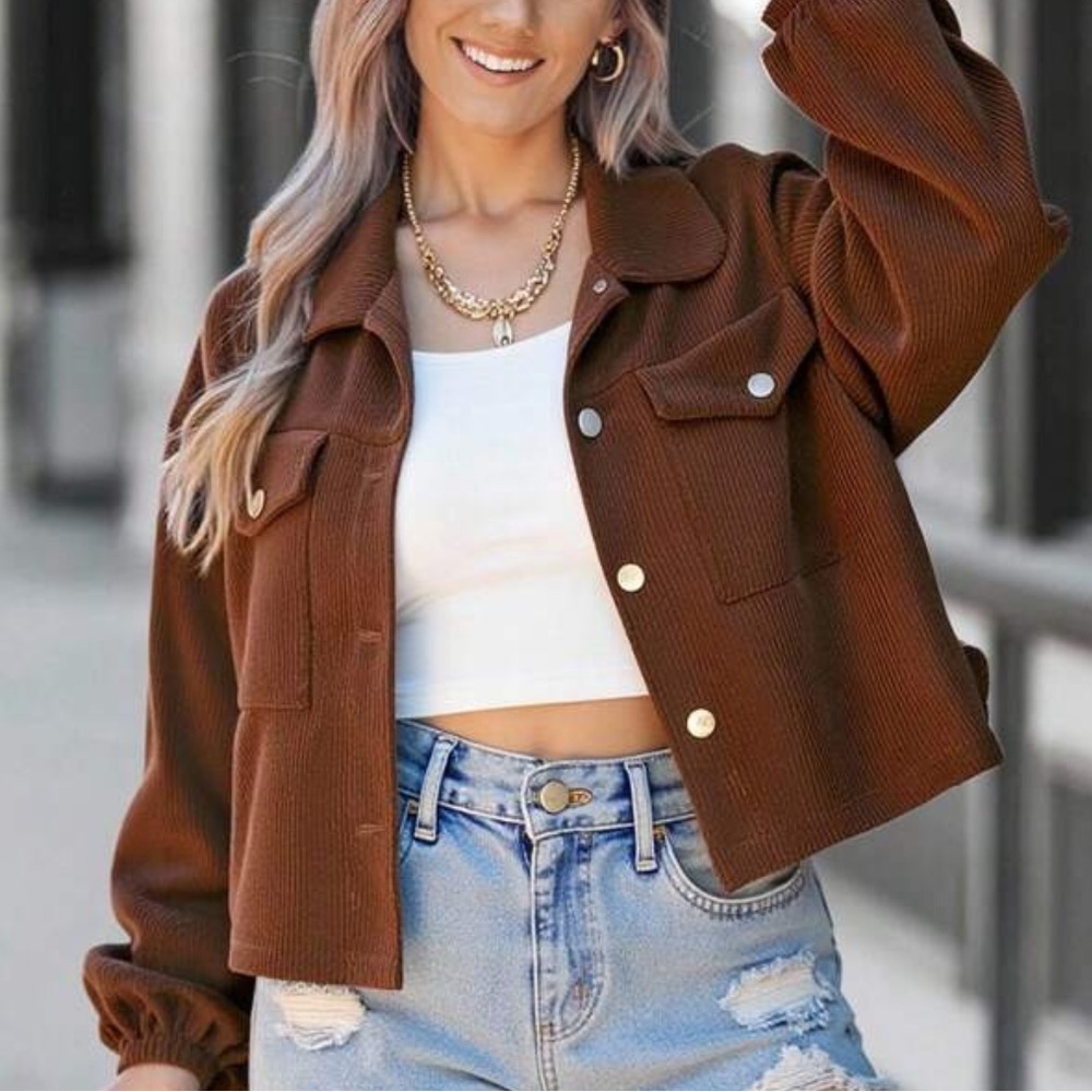 SHEIN Brown Corduroy Button-Up Crop Jacket